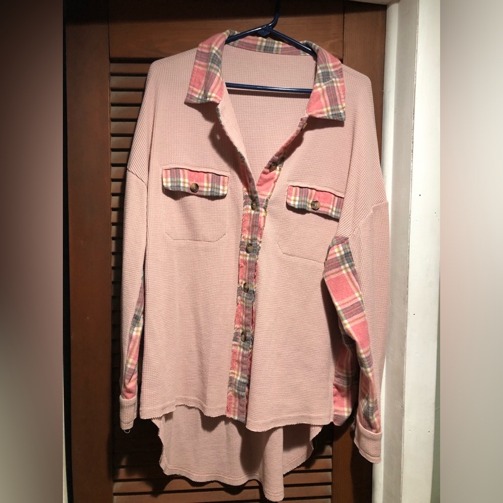 Pink and plaid waffle knit button up Large shirt